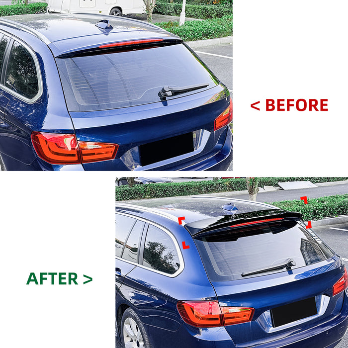 Black roof bagspoiler for BMW F11 2011-2017 before and after installation comparison