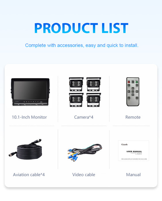 PRO HD-backkamera-KIT med 10-tumsskärm + 4 HD-backkameror