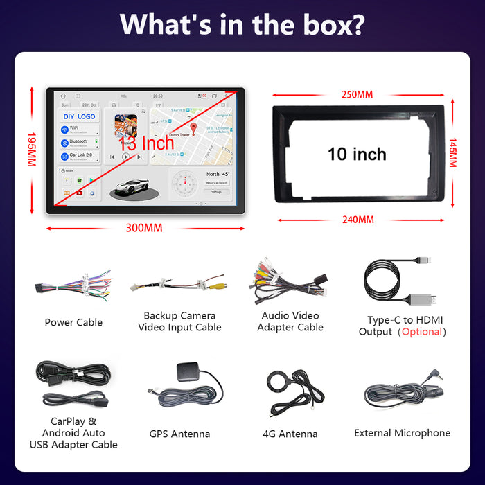 13'' 2-DIN Universal Android skærm, med Apple Carplay & Android Auto