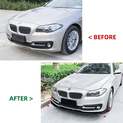 Gloss black front splitter BMW F10/F11 Facelift 2014-2017 LCI before and after comparison