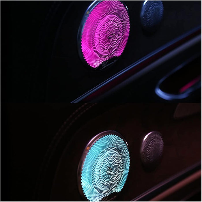 Mercedes E-Class W213 speaker covers with 64-color RGB ambient lighting in magenta and cyan