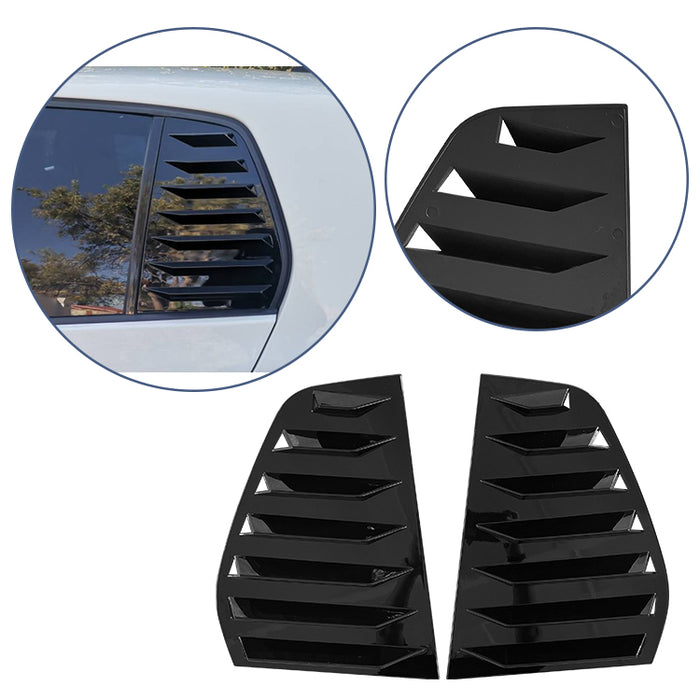 Bagrude black lameller covers for Volkswagen Golf 5 GTI with horizontal slats, installed on window and separate components shown