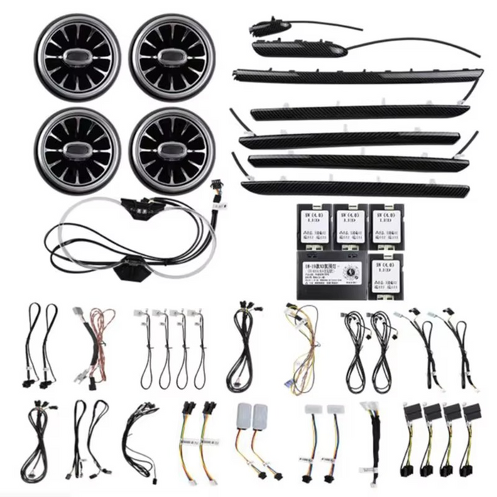 Ambient light package components for Audi A3/S3 8V including light modules, replacement strips, air vents, wiring and fasteners