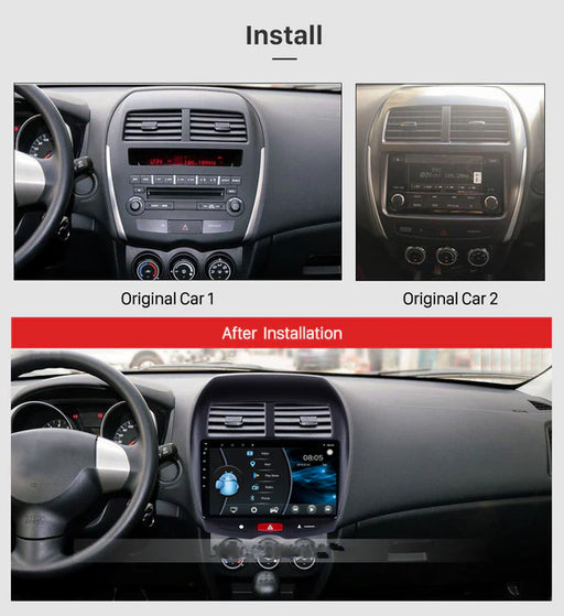 9-inch Android radio installation for Mitsubishi ASX with Apple CarPlay and Android Auto, showing before and after dashboard placement