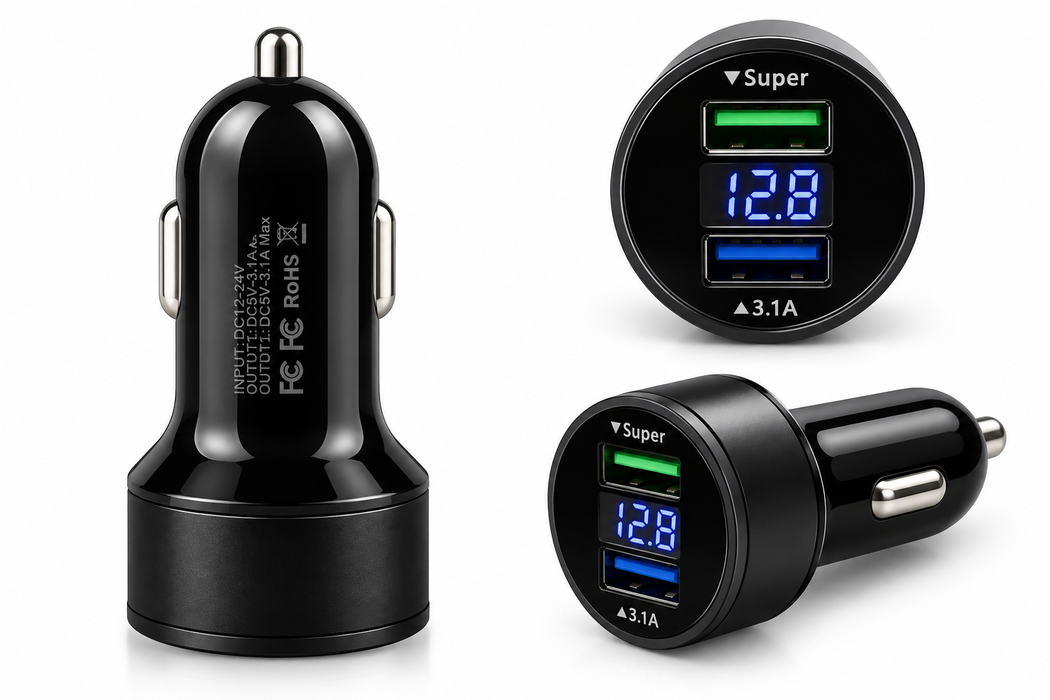 USB Biloplader med 2 USB-Porte – 3.1A & Digital Spændingsmåler