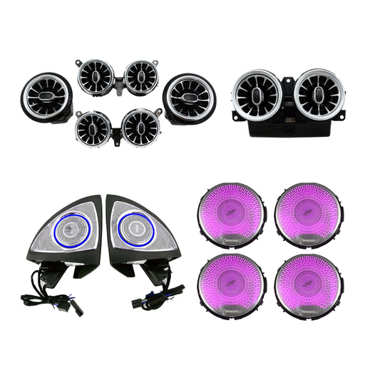 64-color Mercedes E-Class W213 ambient lighting kit featuring white, blue and magenta LED interior light components