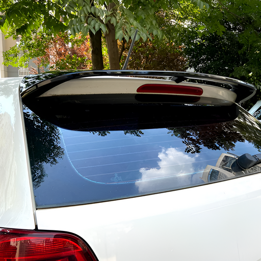 Black roof spoiler for Volkswagen Polo 6R/6C mounted on white car's rear window